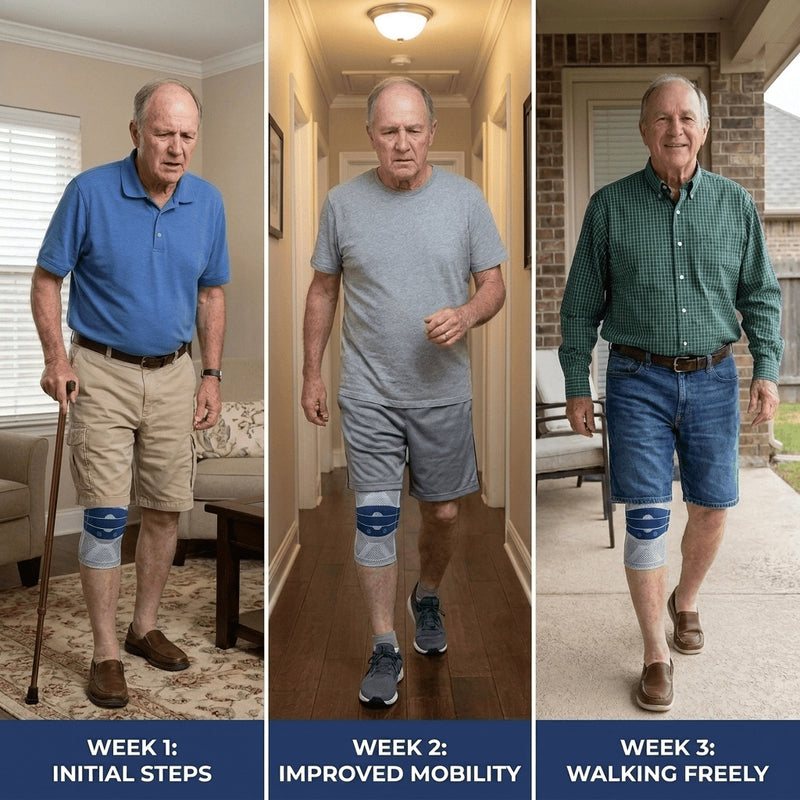 Older man walking outside, looking more comfortable